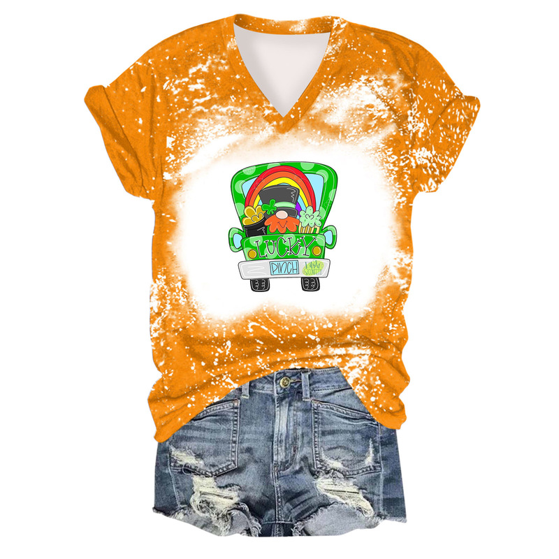 Cross-border Factory Clover Tie-dyed Personality Printed T-shirt Cross-border 3D Digital Printed Women Casual V-neck T