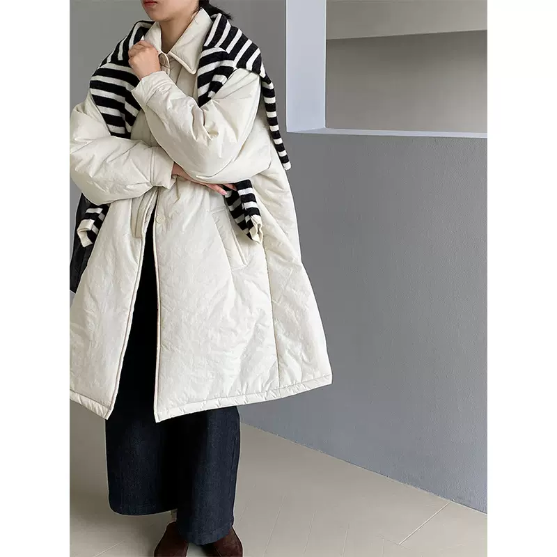 江左 雪山奶糖 轻薄初冬简约廓形外套女中长款宽松棉服1235