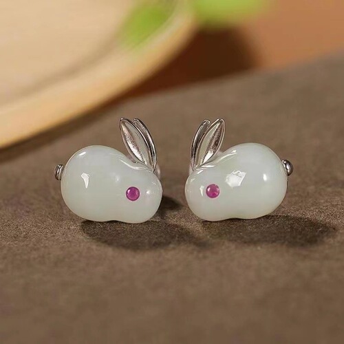 Jade Rabbit Set Imitating Natural Hetian Jade Ring, Ancient Gold Inlaid Jade Agate Rabbit Necklace, Cute Rabbit  Rabbit Year