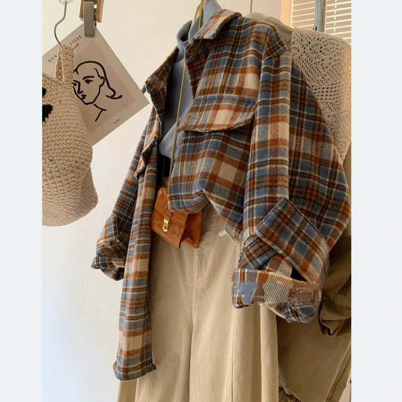 Соответствие цвета красоте ~ Шерстяная рубашка в контрастную клетку для женщин, модный и стильный топ-рубашка с многослойным отложным воротником в стиле ретро.