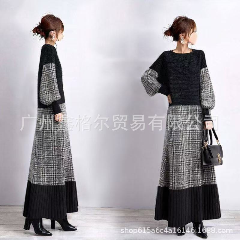 现货2025秋冬新款长裙时尚圆领毛织拼接格纹长款连衣裙