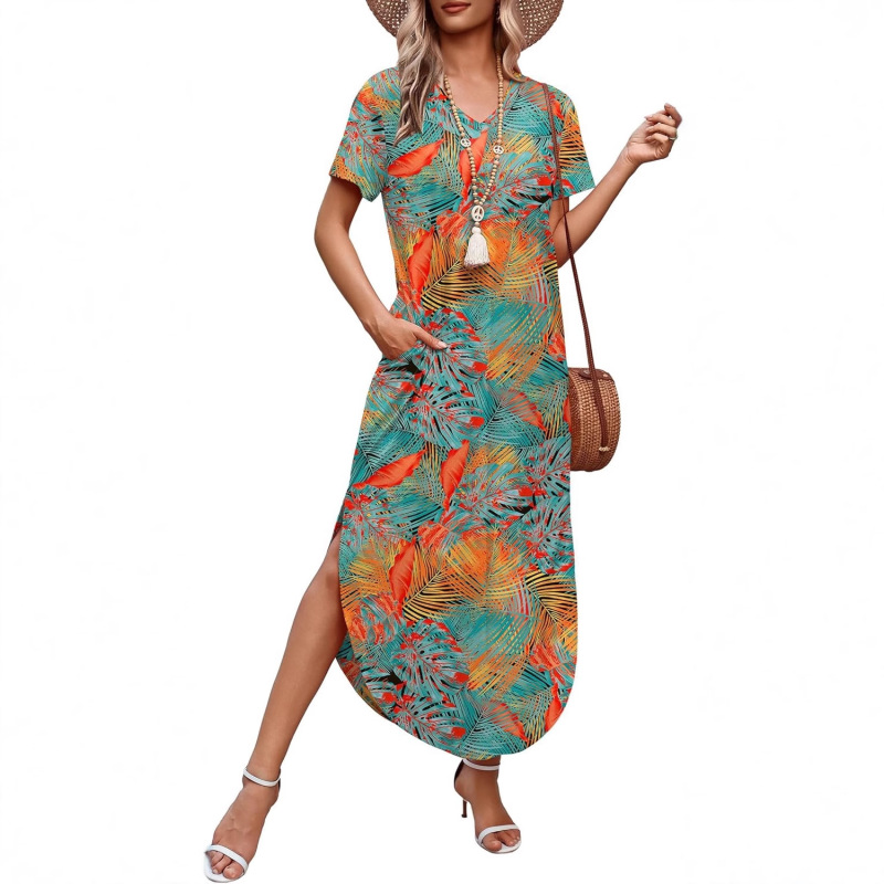 Women's Summer Short-Sleeve Maxi Dress, Vacation Beach Tank Dress, 2026 Printed Pocket Long Dress
