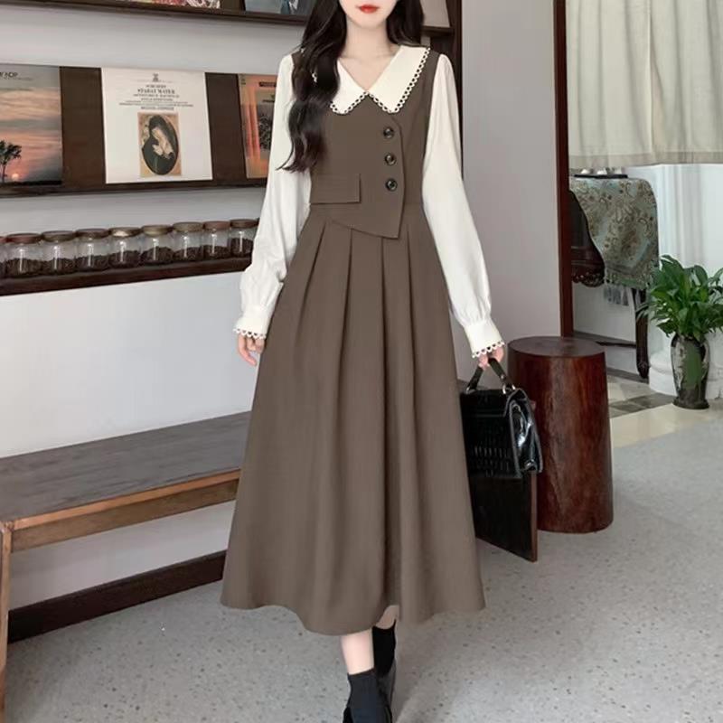 French retro stitching fake two-piece dress women's long-sleeved doll collar high-end design autumn and winter temperament dress French retro stitching fake two-piece dress women's long-sleeved doll collar high-end design autumn and winter temperament dress
