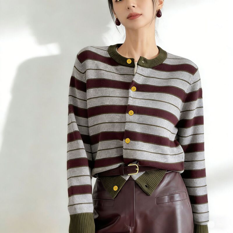 Color-Blocking Vintage Mocha Brown Striped Sweater, New Spring and Autumn Thin Cardigan, Stylish Knitwear Top
