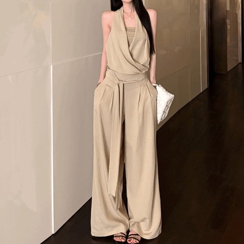 New Style Set French Vintage Apricot Halter Top Women's Summer Loose Tie Wide Leg Pants Casual Pants Two-Piece Set 