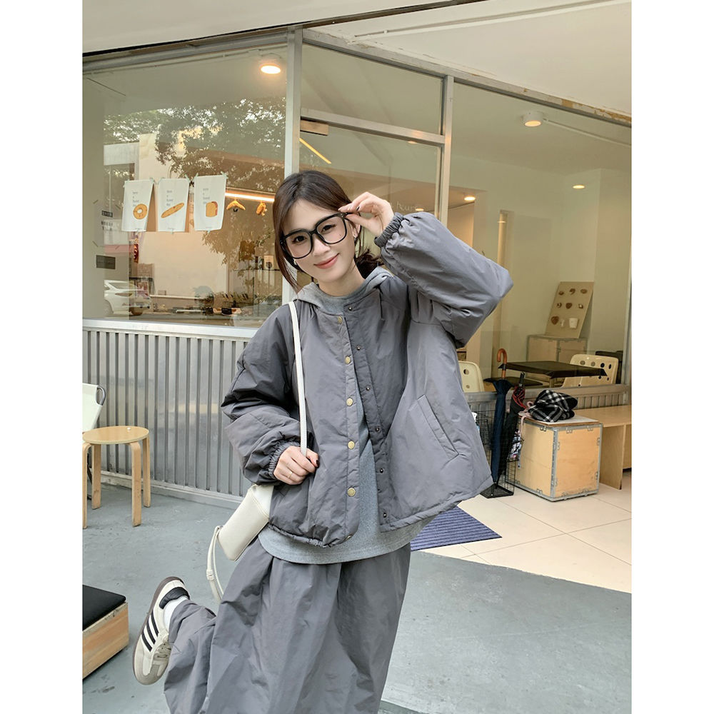 夹棉加厚长袖棉服外套卫衣女2025冬季新款半身长裙韩系时尚套装潮