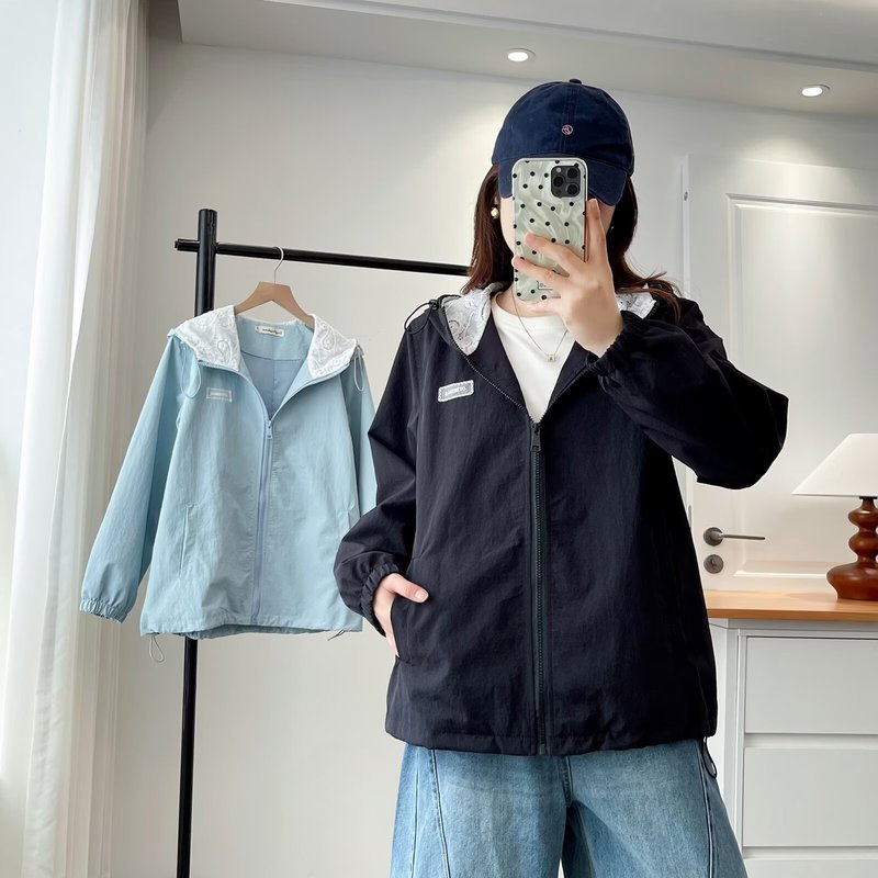 200斤胖妹妹秋季新款蕾丝拼接连帽外套大码女装休闲开衫帽衫8443|undefined