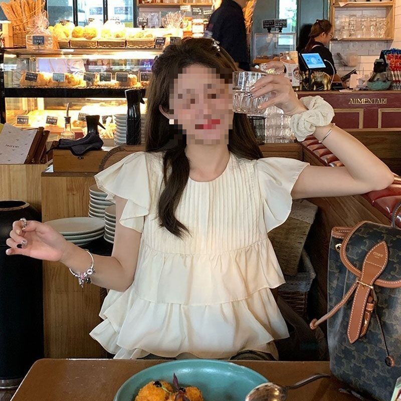 Sweet and Youthful Puff-Sleeved Puffy Top with Ruffles, Princess-Style Babydoll Shirt, Loose-Fitting Small Flying-Sleeve Top for Women, Summer Style