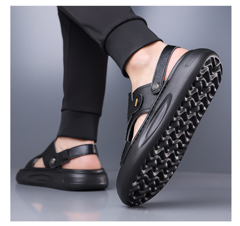 Dép sandal nam da bò lớp đầu đế dày xốp, quai hở ngón kiểu lười thoáng khí — G2S562 màu nâu, G2S562 màu đen chi tiết 19
