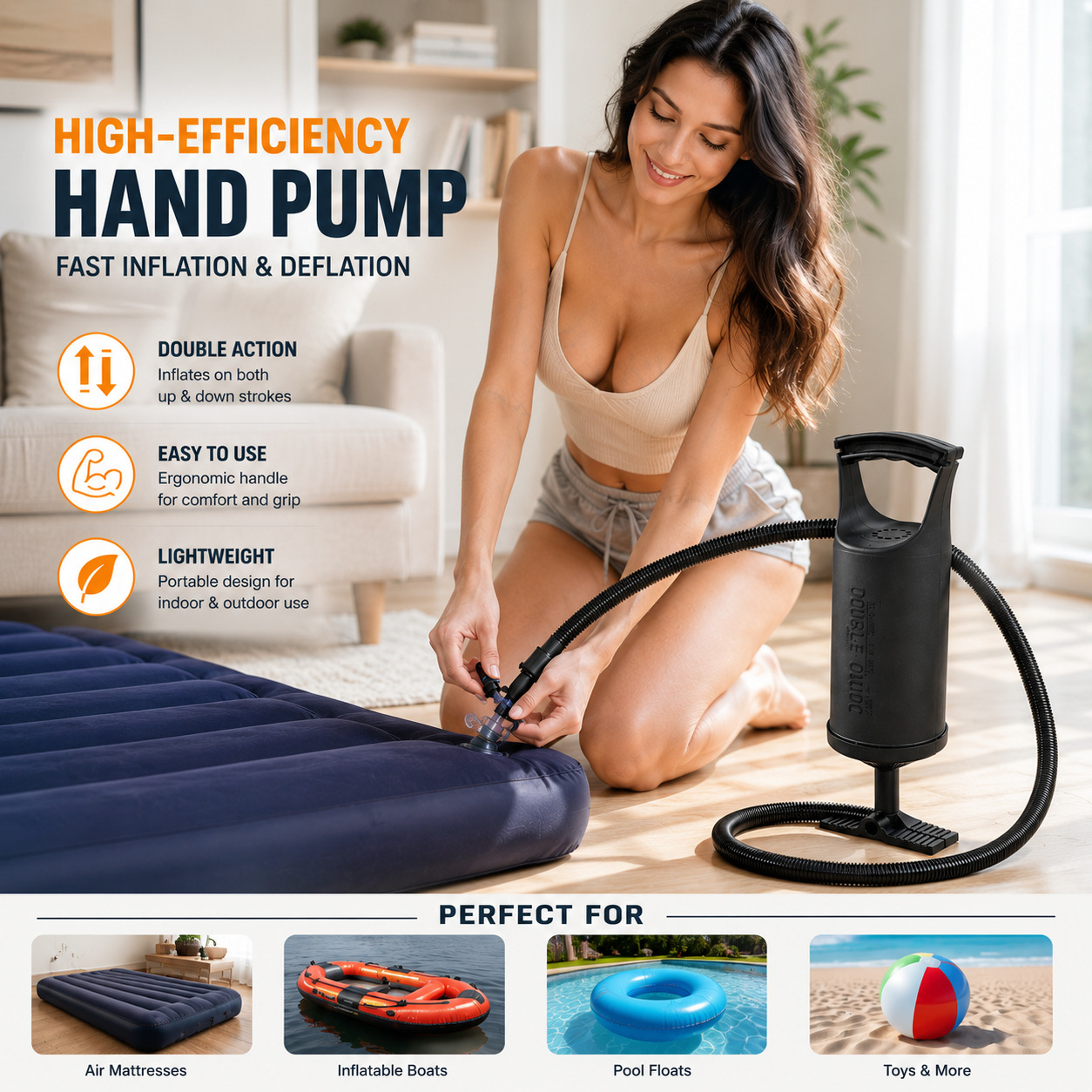 Cross-border new product 12inch hand pump for camping air mattress, foot pump for outdoor inflatable bed, pull-type pump for inflating balls