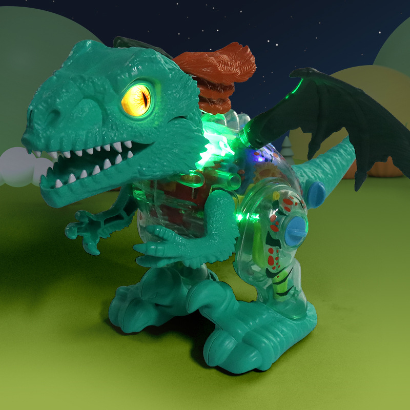 Nuevo engranaje transparente eléctrico dinosaurio música luz automática caminando llama dragón montado dinosaurio modelo de simulación