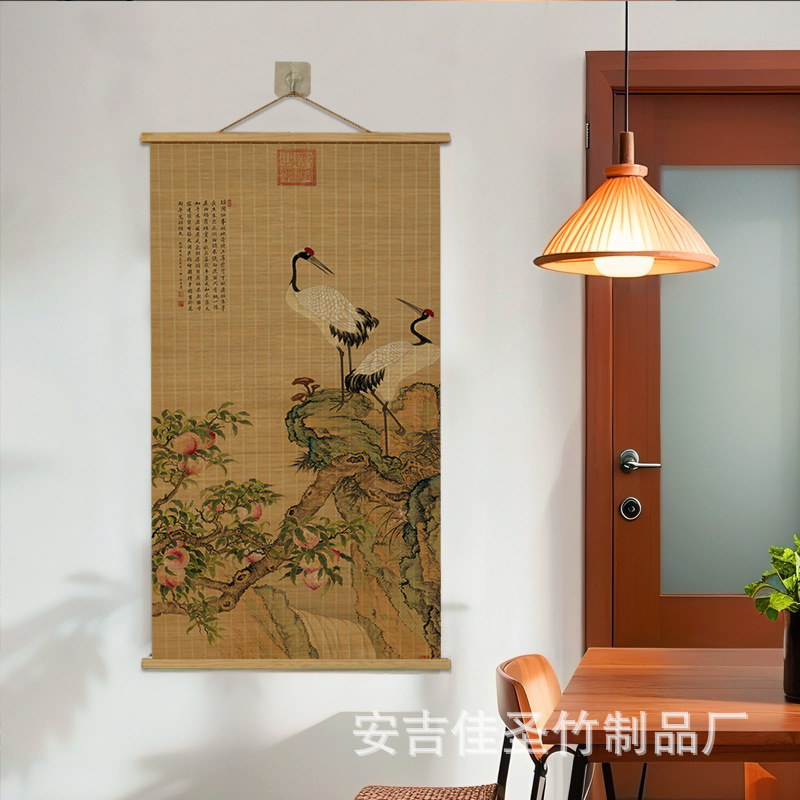 Bamboo Scroll Hanging Painting with Pine, Plum, and Double Crane, Landscape Freehand Vintage Bamboo Hanging Painting, No-Drill Decorative Painting