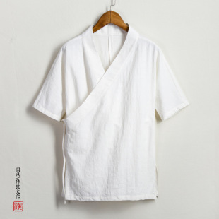 Summer New Chinese Style Cotton and Linen Short-Sleeved Oblique Lapel Improved Han Dynasty Men's Ancient Chinese Style Layman's Clothing Zen Clothing