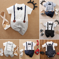 夏季寶寶衣服嬰兒連體衣紳士爬服潮流背帶哈衣男短袖格子ins外貿