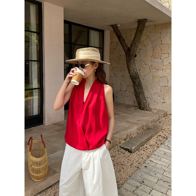 Wanwei French-Style V-Neck Halter Top for Women 2026 Spring/Summer New Style Overlapping Halter Neck Ramie Sleeveless Shirt 5021 Wanwei French-Style V-Neck Halter Top for Women 2026 Spring/Summer New Style Overlapping Halter Neck Ramie Sleeveless Shirt 5021