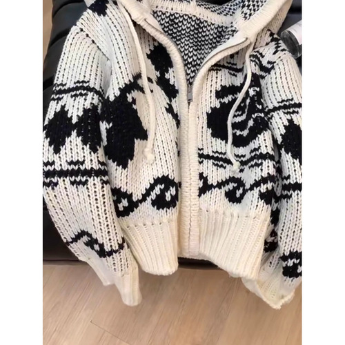 Japanese-style lazy retro Fair Isle hooded sweater jacket for women, autumn and winter, thick work, coarse needle zipper knit sweater