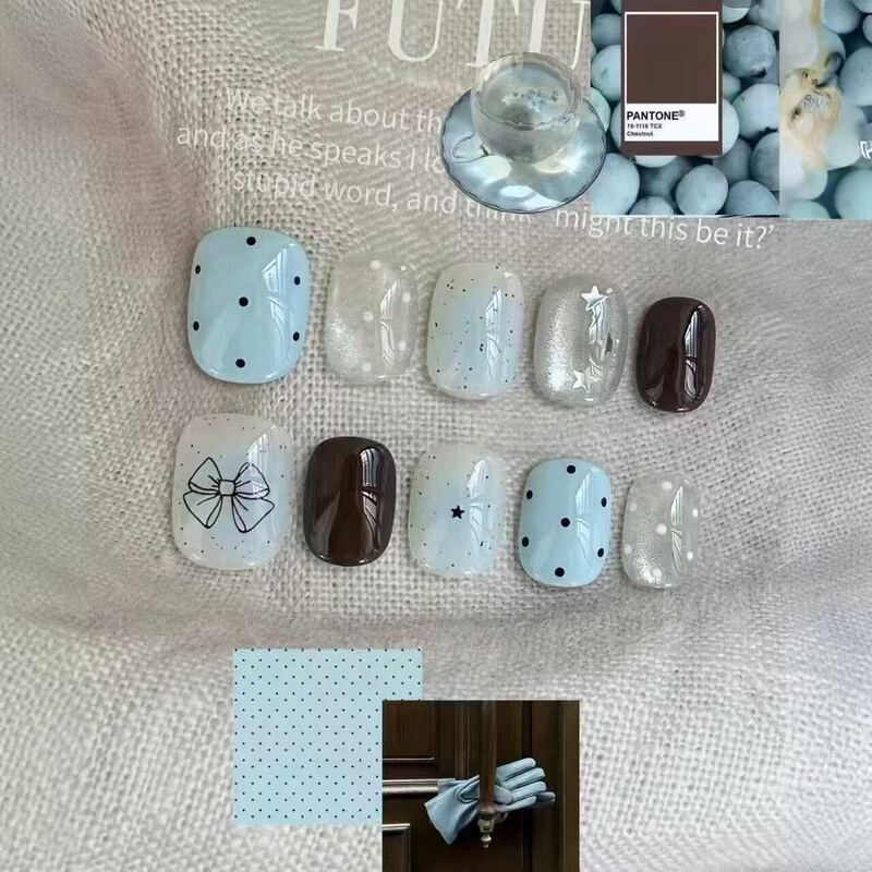 Milky blue thin chic wearable nails, refreshing Korean style polka dot star bow beautiful fake nail patches, direct wholesale from cross-border factory Milky blue thin chic wearable nails, refreshing Korean style polka dot star bow beautiful fake nail patches, direct wholesale from cross-border factory