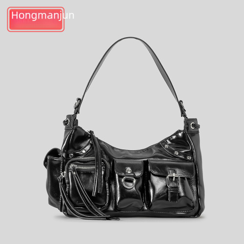 Large Capacity Multi-Pocket Motorbike Bag for Women, Unique Design PU Single-Shoulder Crossbody Bag, Y2K Hot Girl Asymmetrical Style Underarm Bag