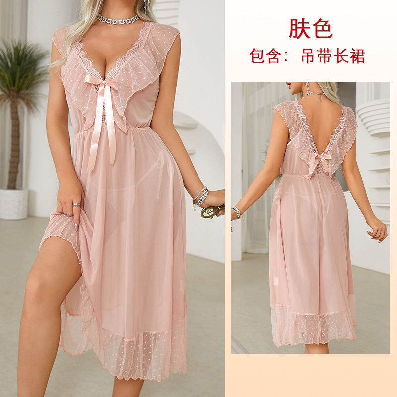 Camisón de Encaje Transparente con Estampado de Lunares Estilo Europeo y Americano Mufei, Multicolor, Cuello en V, Ropa de Dormir Sexy, Talla Grande, Ropa de Estar en Casa 666