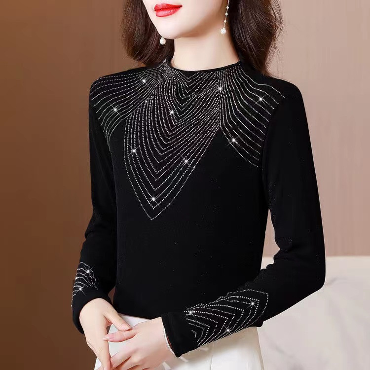 Trendy Black Autumn New Slim-Fit Women's Top with Rhinestones, Half-High Collar, High Elasticity, Plus-Size Base Shirt