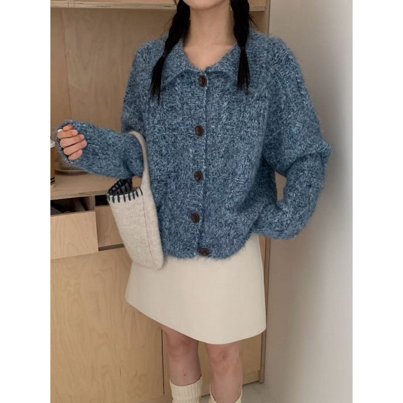 YS秋冬韩系学院风复古麻花彩色纱线翻领单针织开衫长袖毛衣外套女|undefined