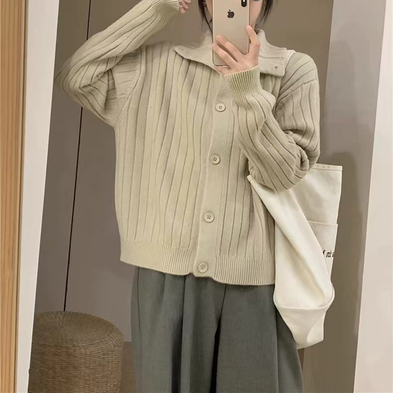 Vertical Single-Breasted Lapel Knitted Cardigan for Women 2025 Autumn and Winter New French Retro Simple Style Pit Strip Jacket