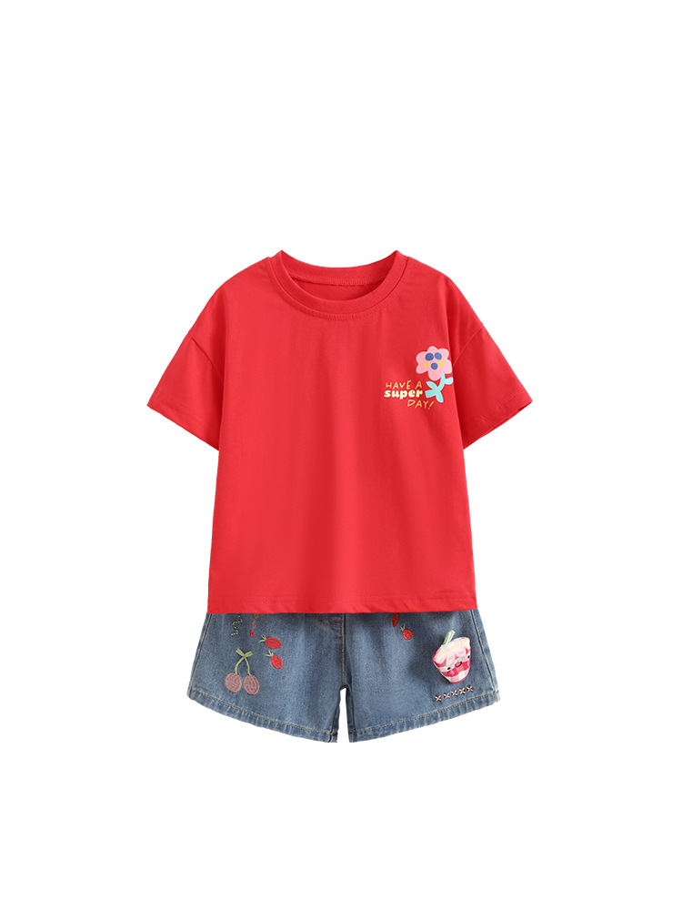 Malwee transfronterizo trajes infantiles niñas verano nueva camiseta de cuello redondo jeans casuales ropa infantil europea y americana