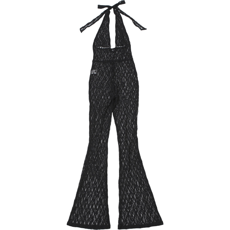 Fall Women Clothing Sexy Halter Deep V Plunge Neck Lace See Through Lace Up Backless Jumpsuit