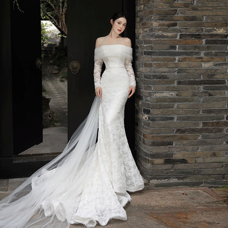 Women's Clothing lace long sleeved light wedding dress new bride one shoulder forest style out door yarn retro fishtail dress skirt_voghion.com