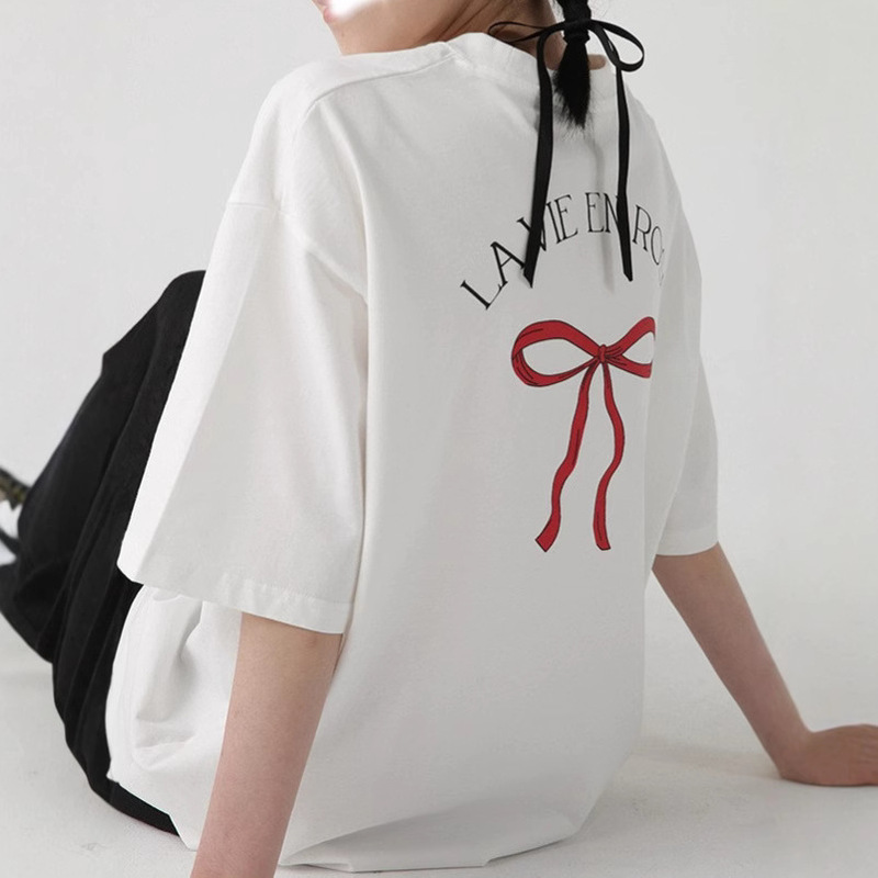 Spring is not too late summer new Korean style design bow double-sided pattern retro blogger with cotton T-shirt women