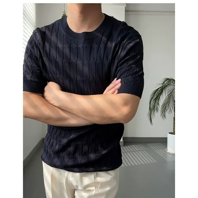 Herren-Poloshirt in schmaler Passform, koreanischer Stil, einfarbig, lässiges Kurzarm-Top, trendiges Strickoberteil für den Sommer_voghion.com