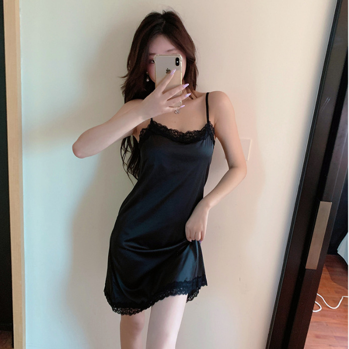 Venta al por mayor verano suspender camisón de las mujeres de alta densidad stretch Satén de seda pijamas de encaje sexy delgada en línea LIVE Home wear