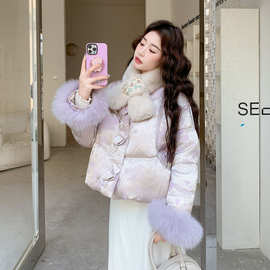 千金感新中式国风提花羽绒服女2025冬小个子短款白鸭绒外套