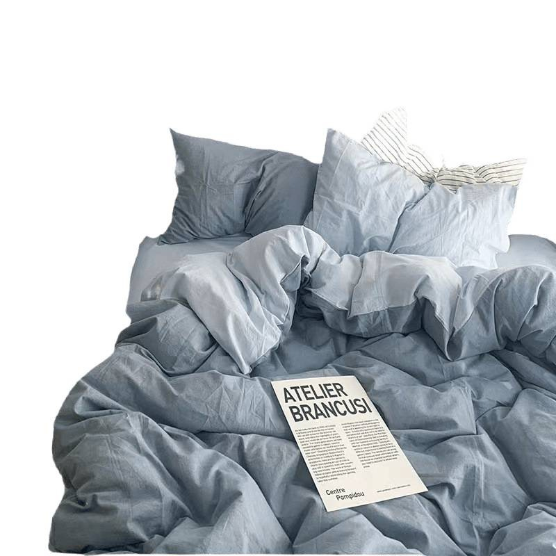 Solid Colour Washed Cotton Bed Sheet Set Simple Four-piece Set_voghion.com