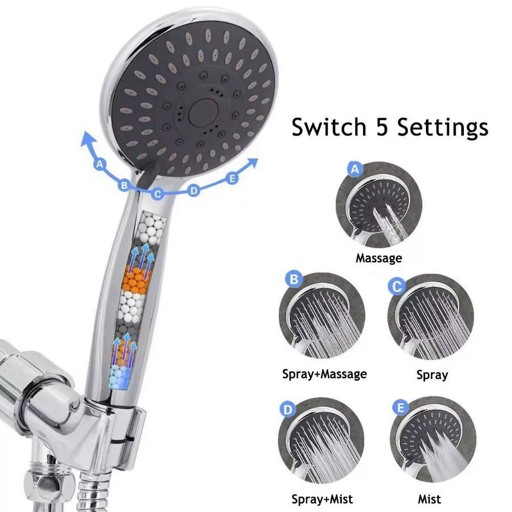 美式五功能高压过滤花洒套装批发 亚马逊电镀手持淋浴器 增压花洒