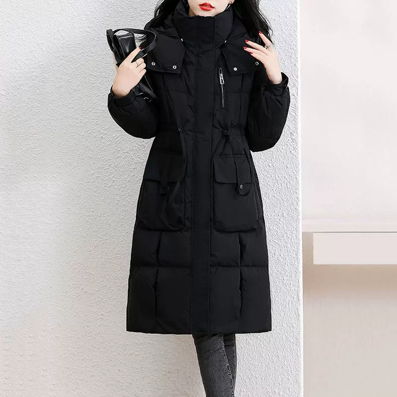 羽绒服女中长款2024年冬季新款设计感小众爆款白鸭绒收腰连帽外套