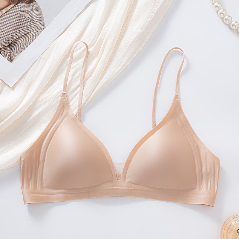 Leche francesa satén taza triangular sin marca ropa interior damas V profunda sexy sin anillo de acero sujetador se reúne taza de soporte superior