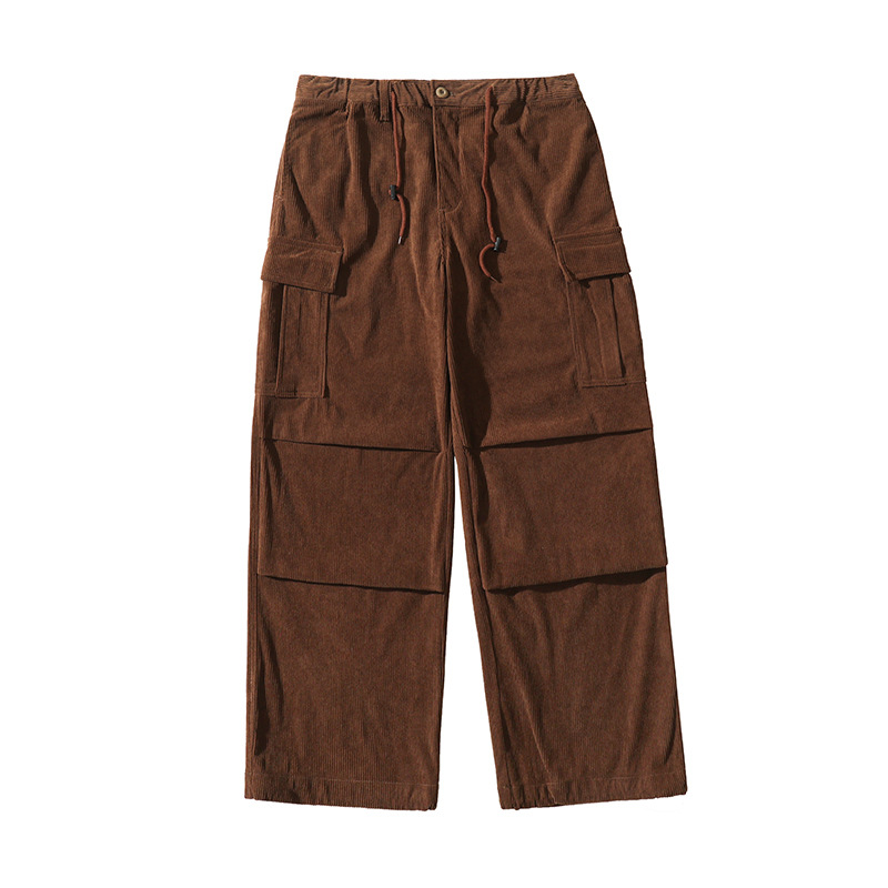 Pantalones de pana para hombre marca de moda americano retro gran bolsillo con pies, monos, pantalones casuales sueltos con cordón de primavera y otoño