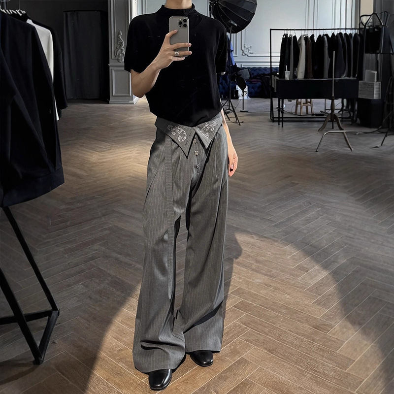 Zen-Inspired Wide-Leg Pants for Men, Summer Pleated Embroidered Striped High-Waisted Samurai-Style Tapered Trousers