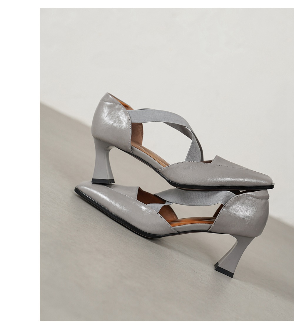 Sandal cao gót nữ da cừu mũi trùm cổ điển, gót vuông ổn định, quai thun co giãn — đen chi tiết 15