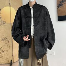 北疆狼新中式暗龙纹盘扣中国风唐装衬衫男士免烫长袖立冰丝衬衣外