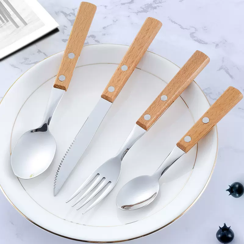 木柄餐具套装创意礼品酒店西餐厅家用304不锈钢刀叉勺