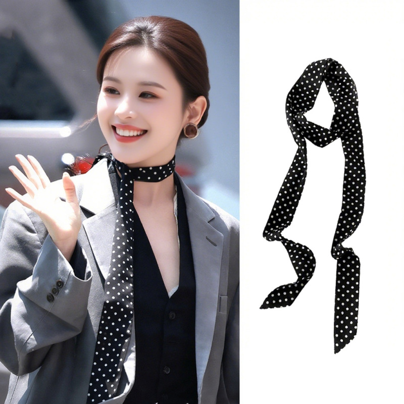 Long Wave Point Small Long Ribbon Ins Simple All-match Silk Scarf Neck Small Square Scarf Slender Narrow Silk Scarf Women's Tie Bag