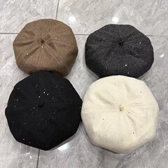 秋冬百搭保暖亮片毛呢贝雷帽子女时尚闪亮显瘦时装帽南瓜帽画家帽