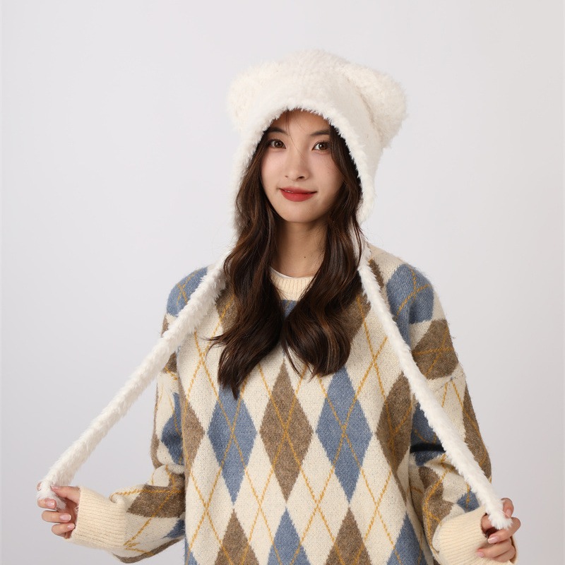 Φθινόπωρο και Χειμώνας Χαριτωμένη Μικρή Αρκούδα Λούτρινη Προστασία Αυτιών για Παιδική Κορεατική Έκδοση Ευέλικτη Ζεστασιά Διπλή Μπάλα Μαλλιών_voghion.com