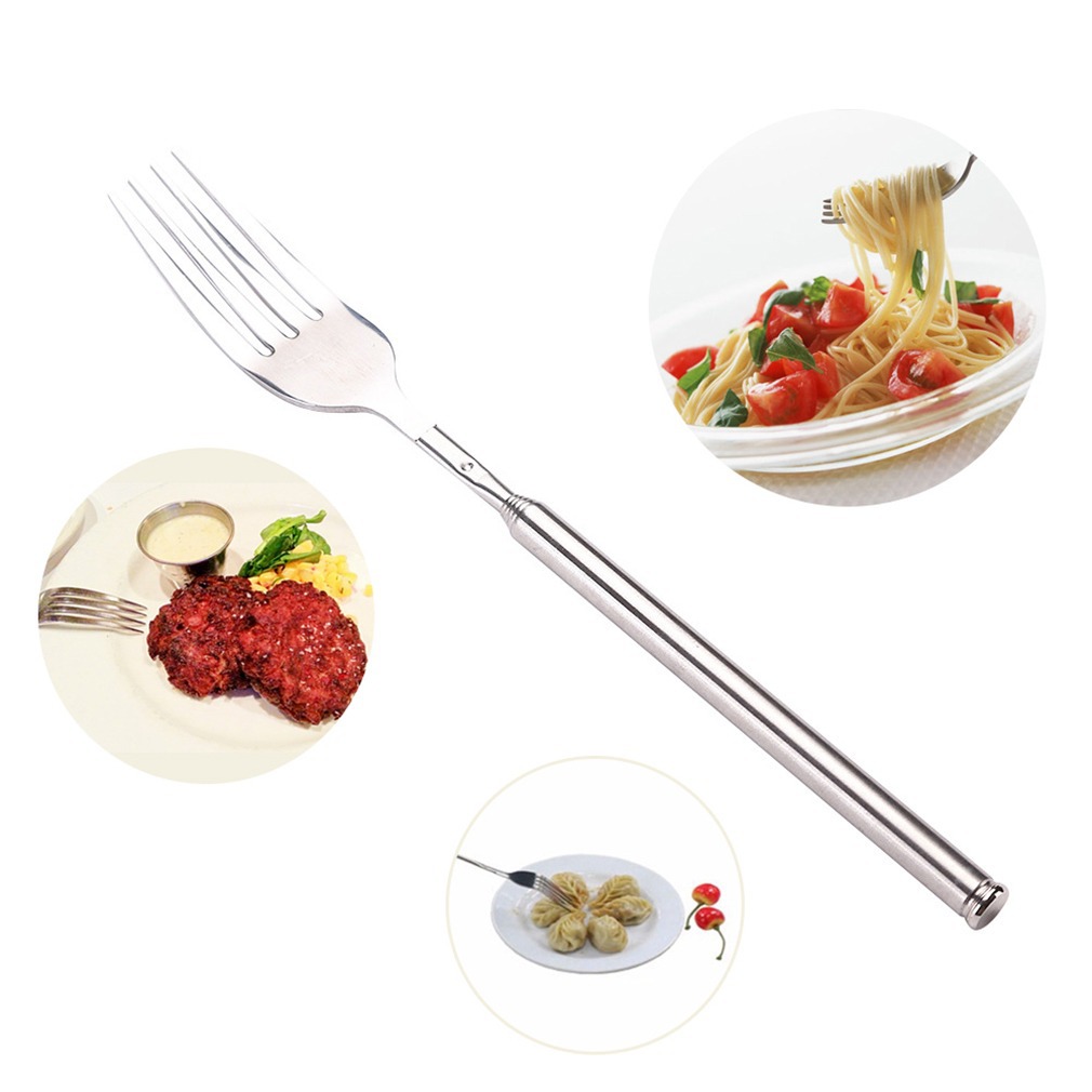银色可伸缩烧烤餐叉 便捷式蔬菜水果沙拉叉 不锈钢叉子