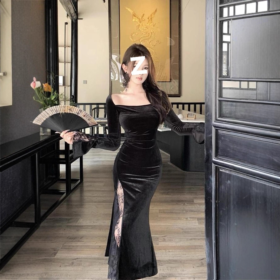 Hepburn-Style Black Evening Gown, High-End Light Luxury Niche Toast Dress, Socialite Off-Shoulder Velvet Dress
