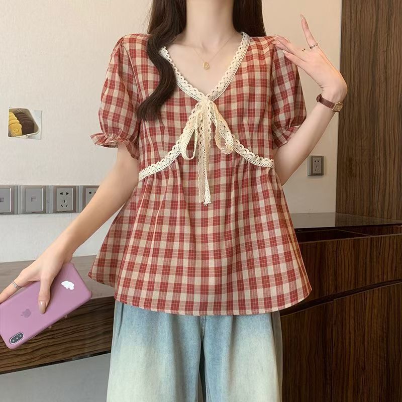 Designed with a Sense of Style, Lace-Trimmed Red Plaid V-Neck Short-Sleeve Shirt for Women, Summer Plus-Size Top for Curvy Women, Tummy-Concealing and Slimming Effect