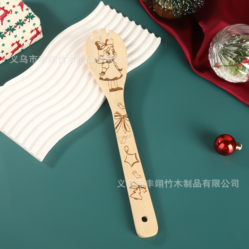 跨境木勺激光雕刻圣诞餐具厨房用具烹饪铲子竹制日用餐厨铲子厨具|undefined