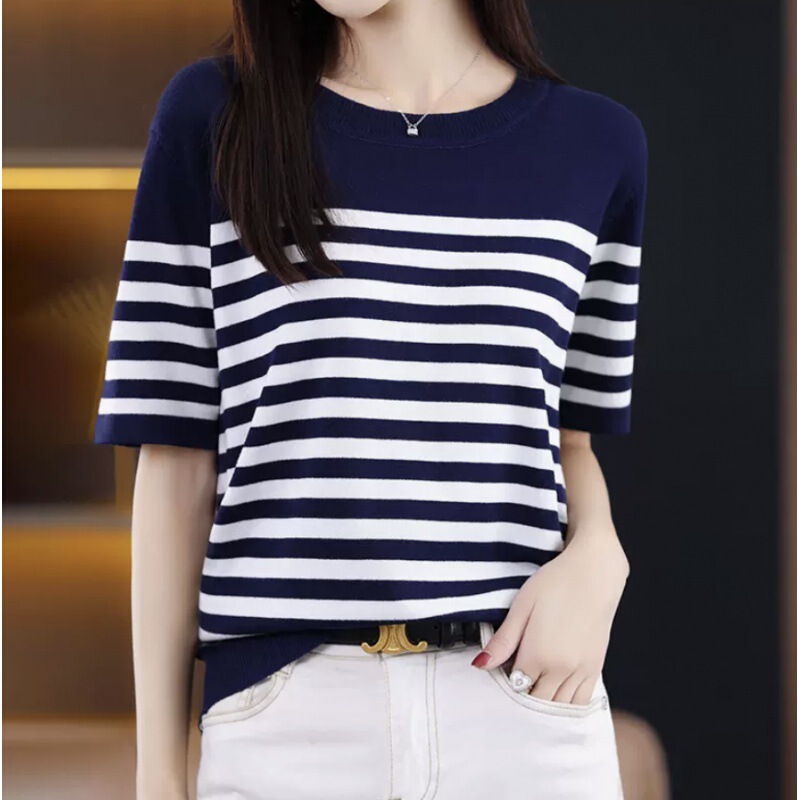 Round Neck Blue and White Striped T-shirt Women's Short-sleeved Summer Thin Navy Style T-shirt Round Neck Ice Silk Knitted Base Shirt Top